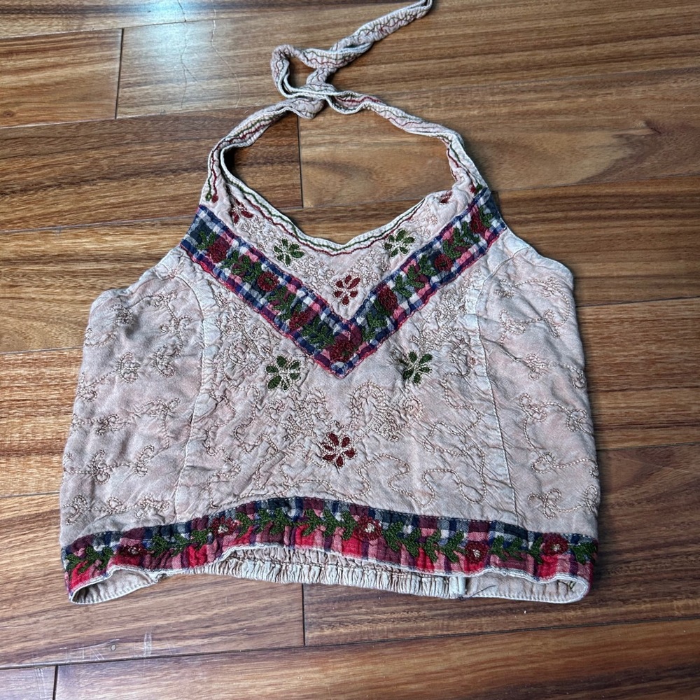 Caribbean Tan Embroidered Plaid Trim Halter Crop Top One Size Boho Festival
